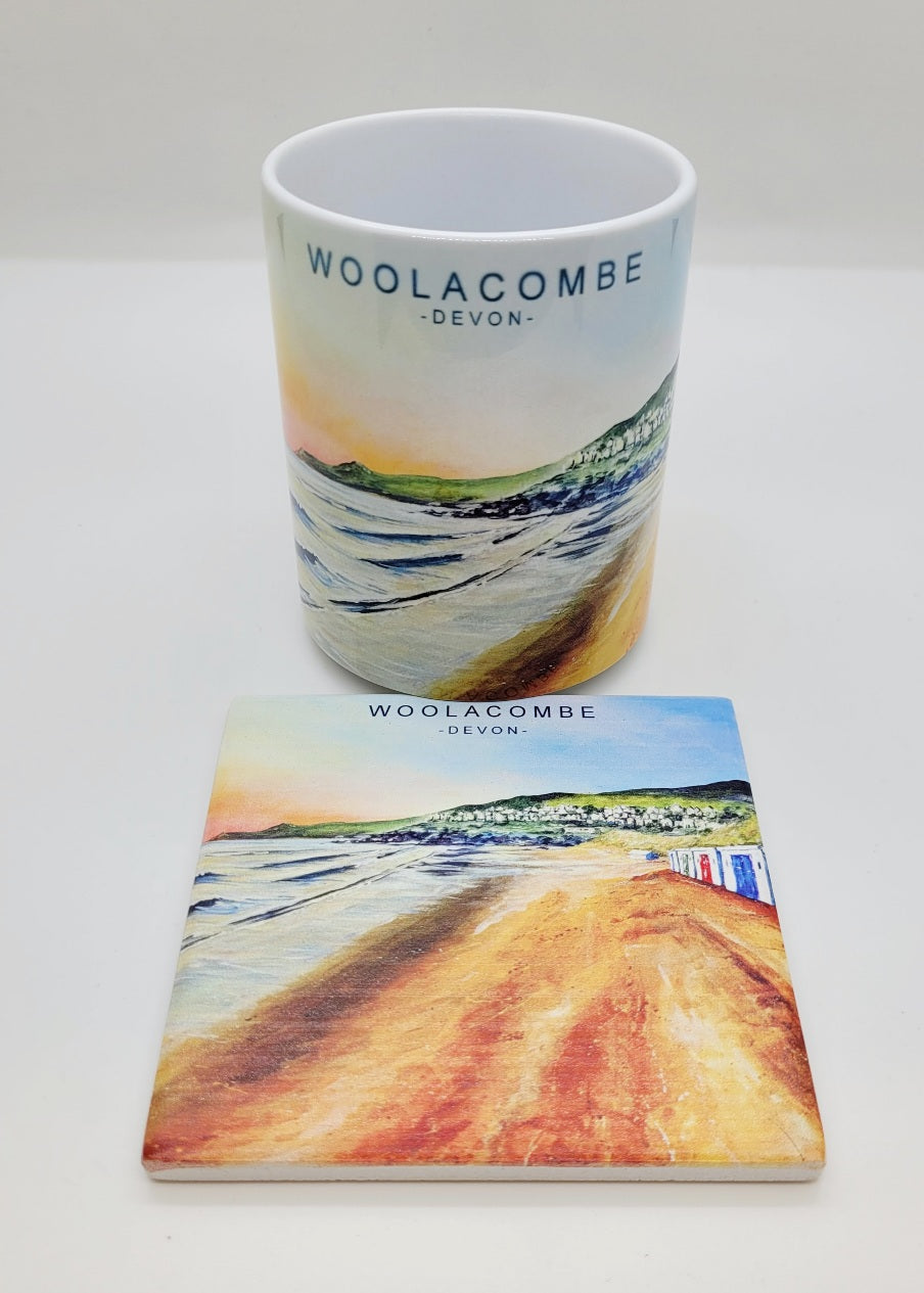 Beach huts at sunset coaster