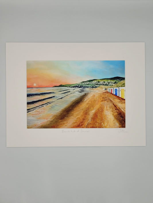 Beach huts at sunset. Art print by Jo Allum