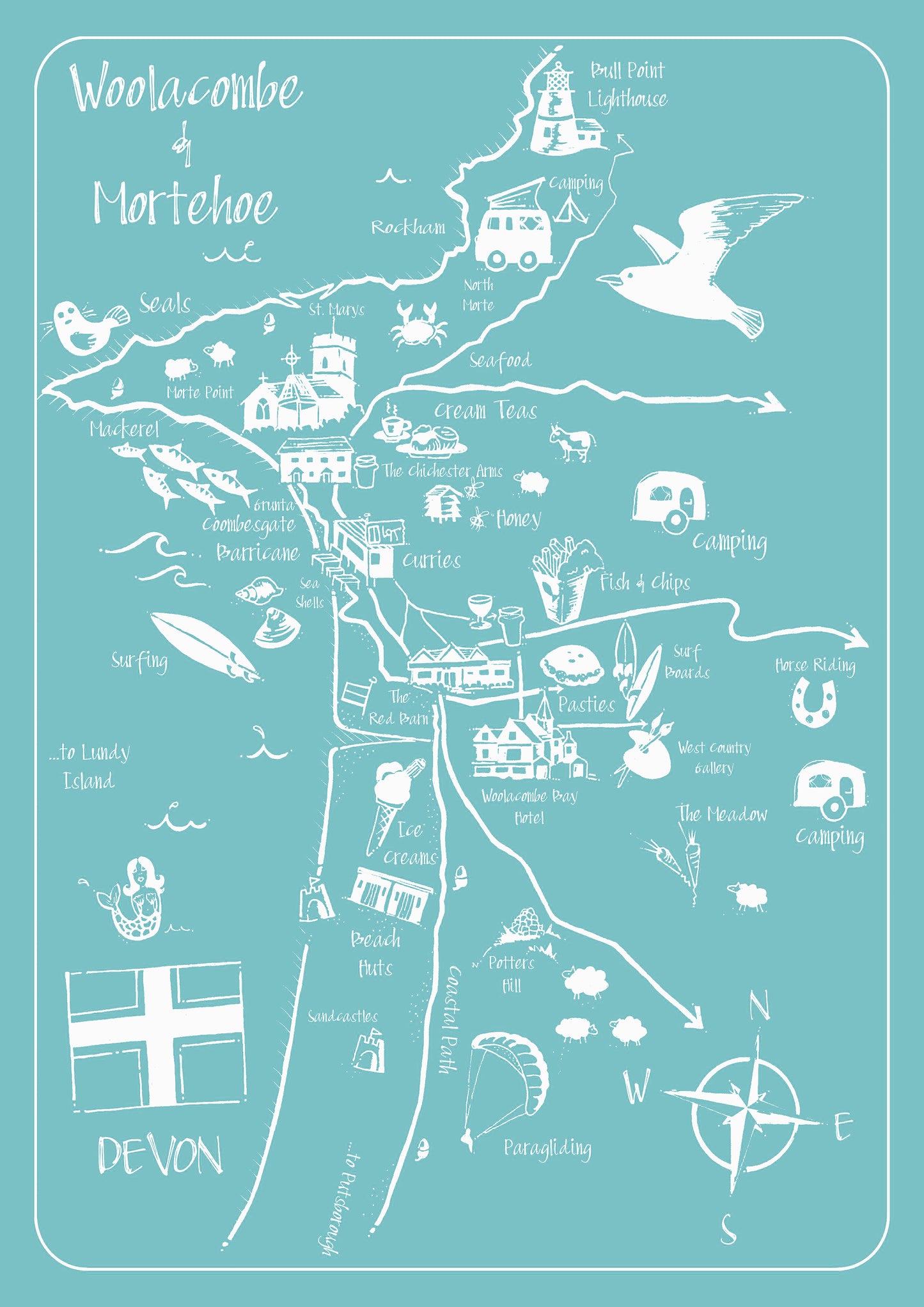Woolacombe and Mortehoe Map Tea Towel
