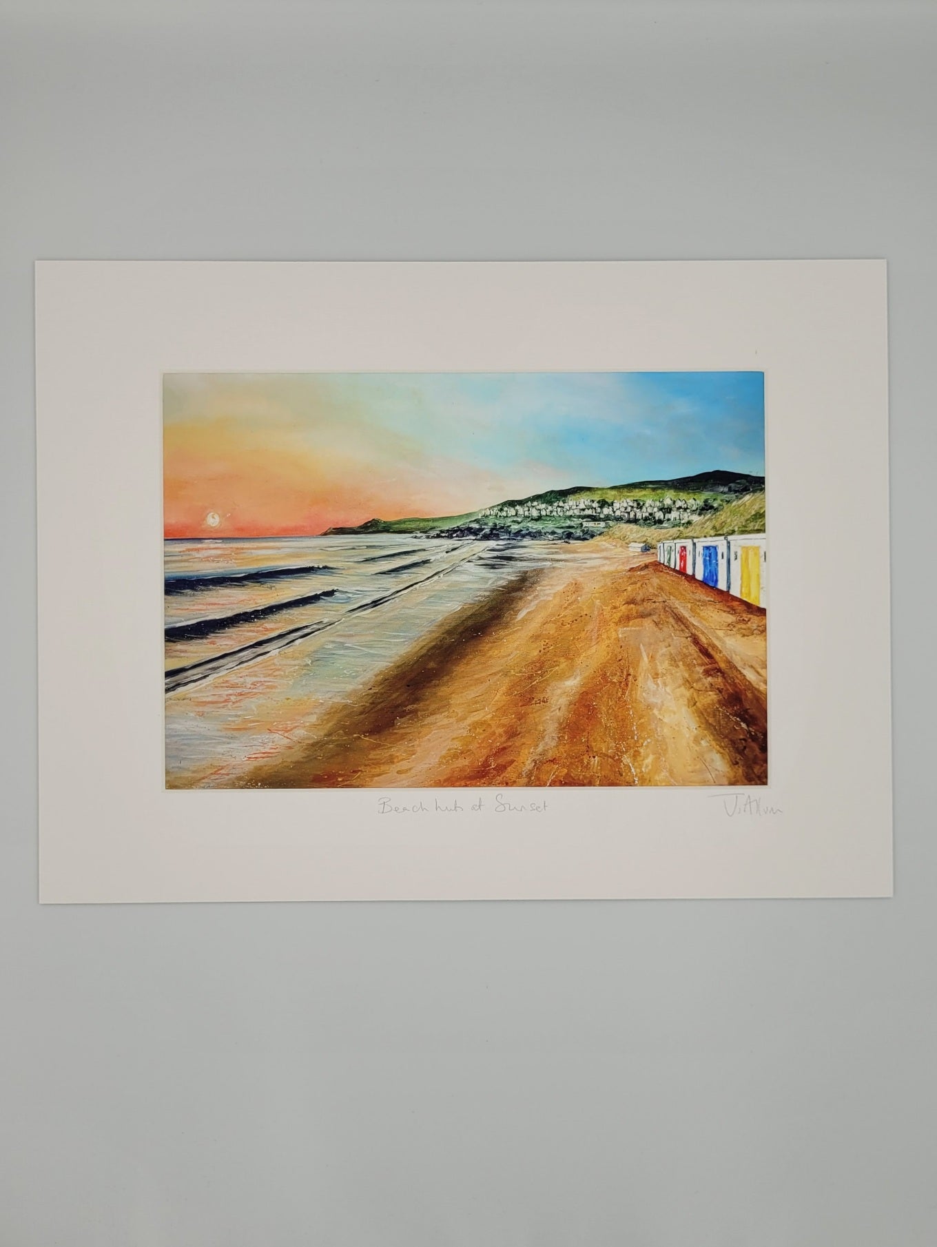 Beach huts at sunset. Art print by Jo Allum