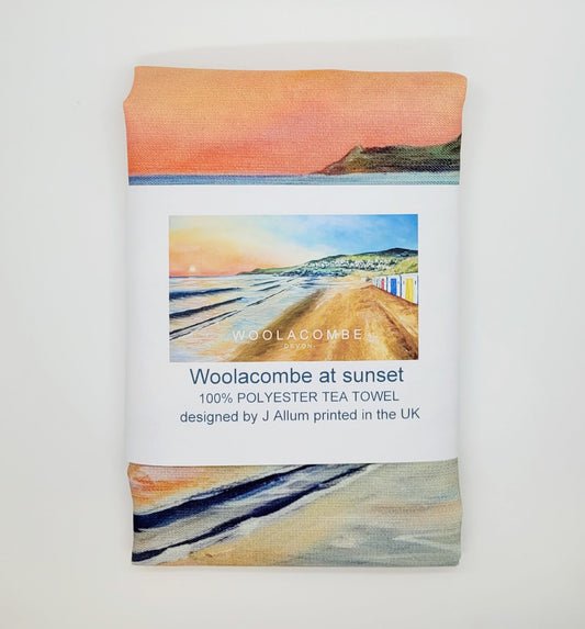 Woolacombe Beach Huts at Sunset Tea Towel