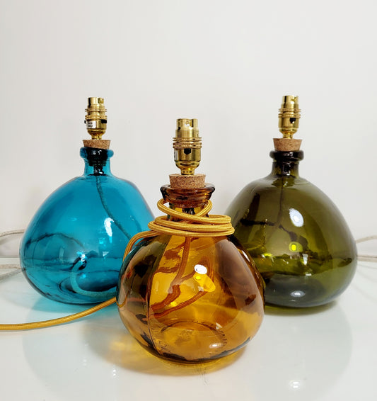 Recycled Glass Lamps. Contact for available sizes and colours!