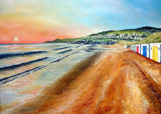 Beach huts at sunset. Art print by Jo Allum