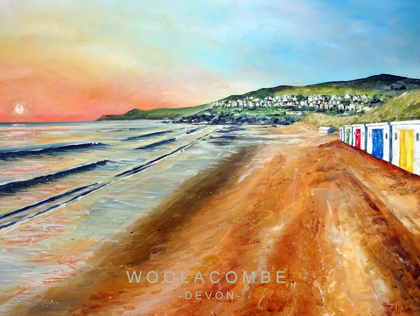 Woolacombe Beach Huts at Sunset Tea Towel